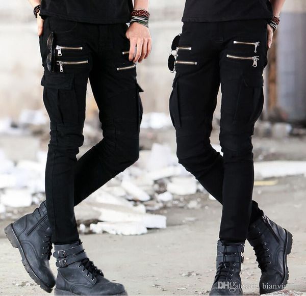 

hop hi-q quality summer motorcycle stretch pleated zipper mens hip fit slim clothing styles jeans causal fashion designer leather cqdv, Black