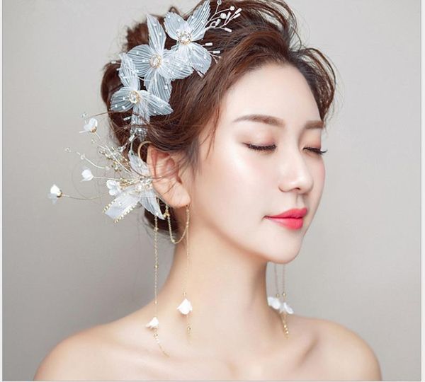 Tiara da sposa accessori per capelli bianchi orecchio appendere stile coreano Juan filato fiori dolce coppia di gioielli da sposa semplici ed eleganti