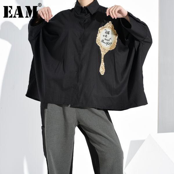 

eam] women pattern split joint big size blouse new lapel long sleeve loose fit shirt fashion tide spring autumn 2020 t3840, White