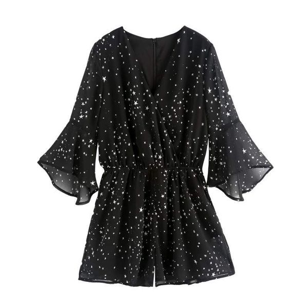 

2020 new woman short jumpsuits star print v-neck casual jumpsuits rompers high waist wide leg chiffon playsuit black bodysuit, Black;white
