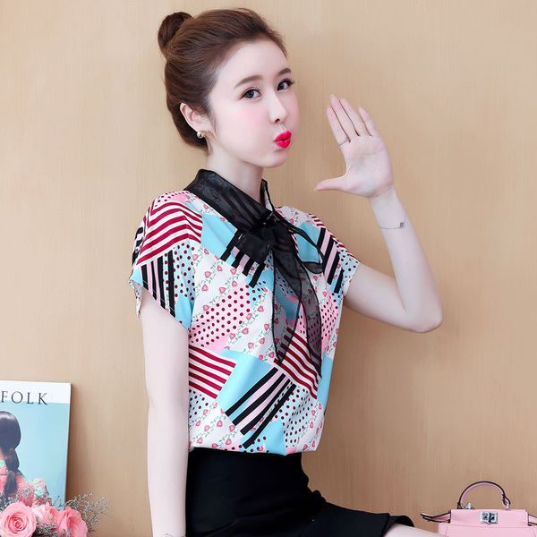 

women's blouses & shirts women spring summer style chiffon lady casual short sleeve bow tie collar blusas zz0540, White