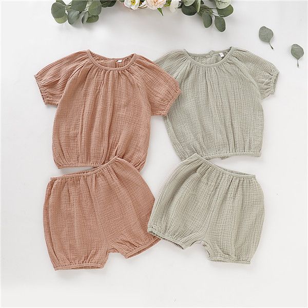 

new summer baby girls boys clothes sets pure color cotton linen shirt shorts girl outfit 2pcs, White