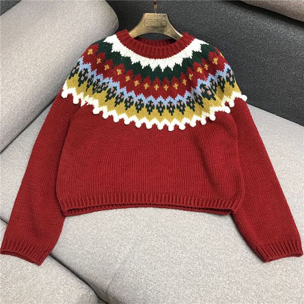 

luxury designer brand knitted sweater for women vintage o neck diamond jacquard red loose knitted pullover sweater, White;black