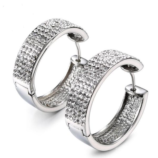 

fashion women 316l stainless steel huggie earring with crystals inlaid clay set rhinestones hoop earring for ladies blinging earring, Golden;silver