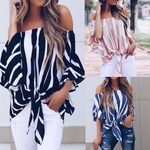 

womens blouse women fashion women striped off shoulder waist tie short sleeve casual shirts floral print 8.16, White