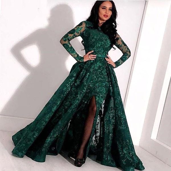 

arabic emerald green lace long evening dresses 2020 long sleeves split sweep train formal prom party dresses bc2652, Black;red