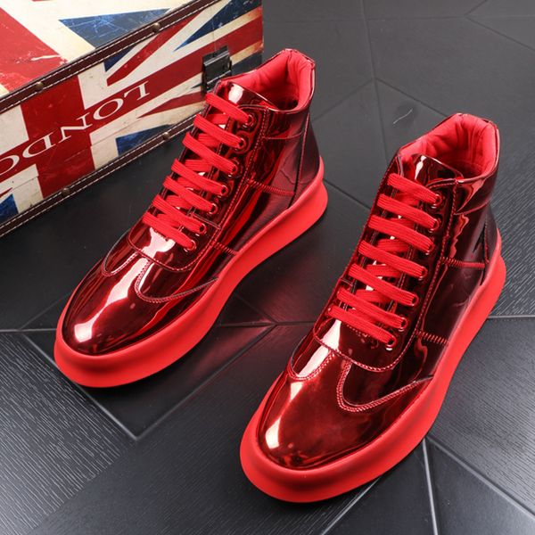 

men's fashion party nightclub dress bright patent leather boots lace-up flat shoes platform boot ankle botas masculinas, Black