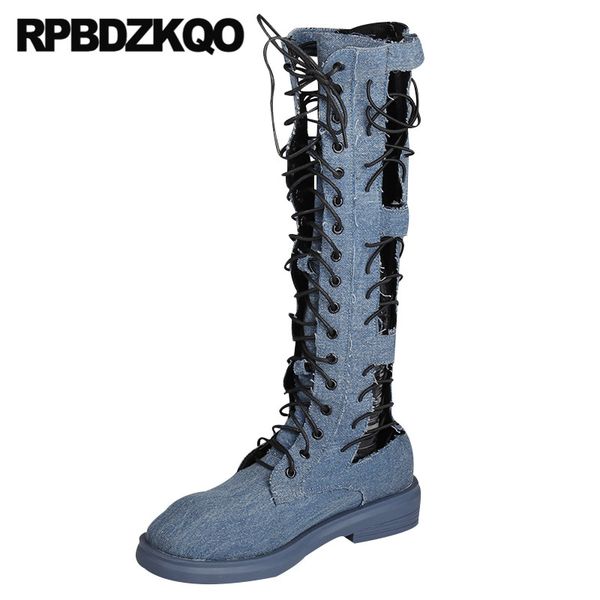 

blue denim boots shoes round toe summer lace up sandals comfortable women long tall jeans 2019 casual flat knee high cut out mid, Black