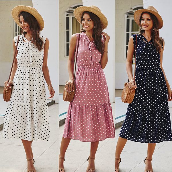 

2020 весна и лето новая мода женщины без рукавов белая волна точка a-line dress party work casual dress, White;black