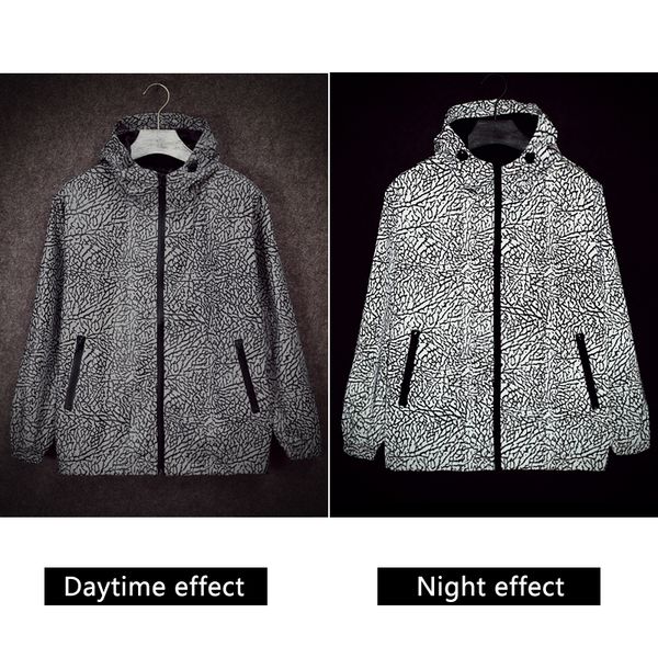 

men's jackets streetwear personality pattern reflective jacket men fashion casual hooded slim night glow coat male, Black;brown