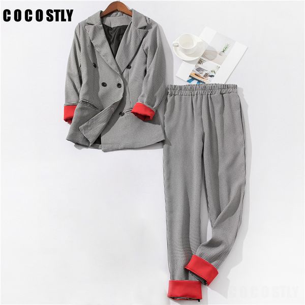 

костюм брюки костюм женщина 2019 офис эпикировка лоскутных наручники рукав плед blazer куртка брюки костюмы женщин 2 piece set женского, White;black