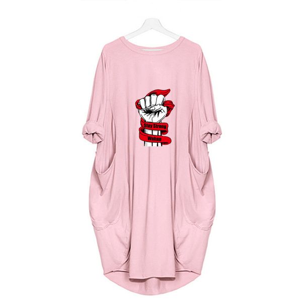 

european style mid-length skirt casual fashion printing stay strong wuhan pattern loose pocket long sleeve women's dress, Black;gray