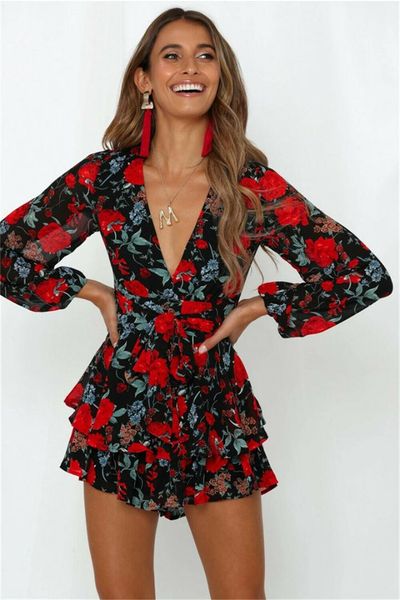 

women v neck floral long sleeve jumpsuit mini playsuit new fashion women summer trousers romper, Black;white