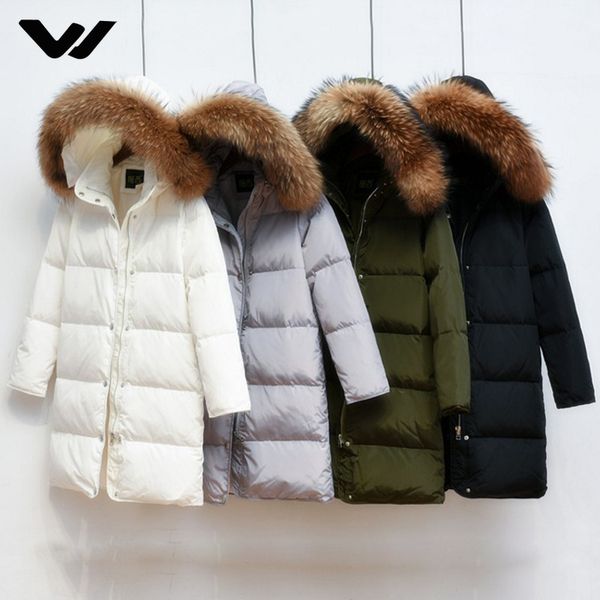 

90% white duck down jacket 2018 female parkas for winter jacket women long thick parka 100% natural raccoon fur collar hood coat, Black