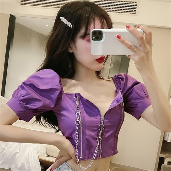 

high waist short navel t-shirt short sleeve all-match t-shirt female 2020 bubble sleeve clavicle square collar top, White