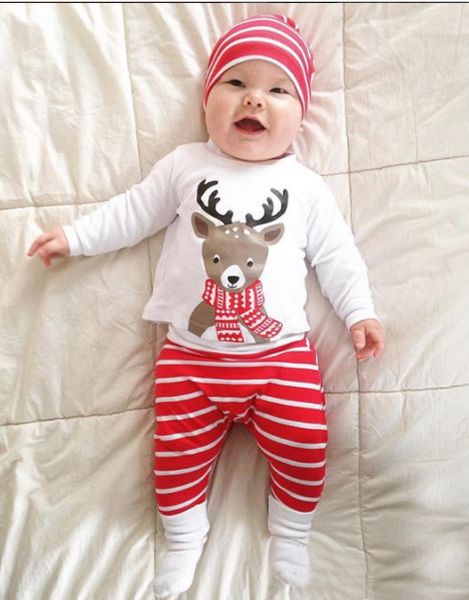 

retail baby christmas set 3pcs outfits suit long sleeve deer stripe printed pant+cap kids tracksuit children designer clothing, White