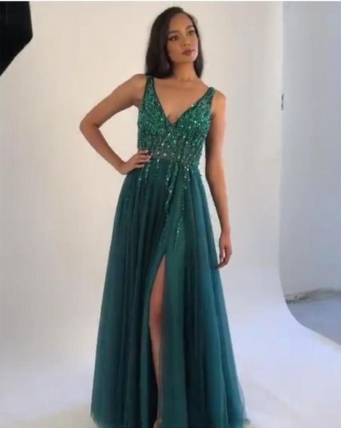 

2020 new green prom dress floor length split high beading crystal v-neck tulle sleeveless side split women party dress, White;black