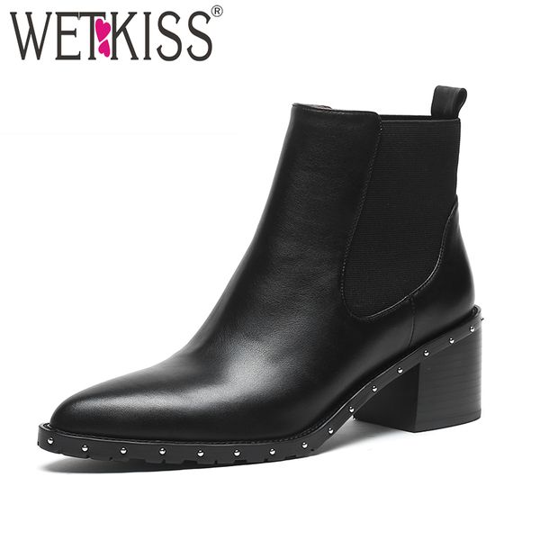 

wetkiss high heels women boots zip pointed toe footwear rivet female ankle boot fashion shoes woman winter 2020 shoes, Black