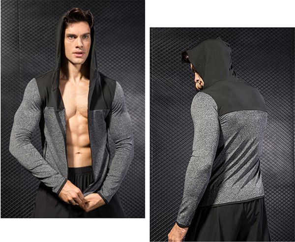 

mens fitness skinny hoodie patchwork color long sleeve hooded mens sweatshirts breathable training sports male outerwear, Black