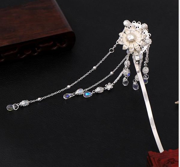 

ancient style headdress new antique flower tassel hairpin hanfu headdress girl crystal hair accessory, Silver