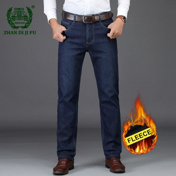 

2020 winter fleece middle aged men casual brand thicken black straight jeans spring man large size cotton denim blue long pants