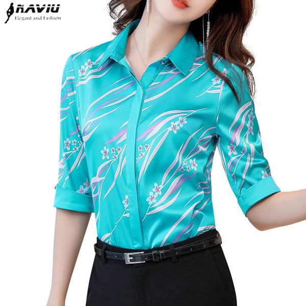 Naviu nova moda de alta qualidade impressão camisa meia manga mulheres blusas escritório senhora estilo tops blusas trabalho formal wear y19062601