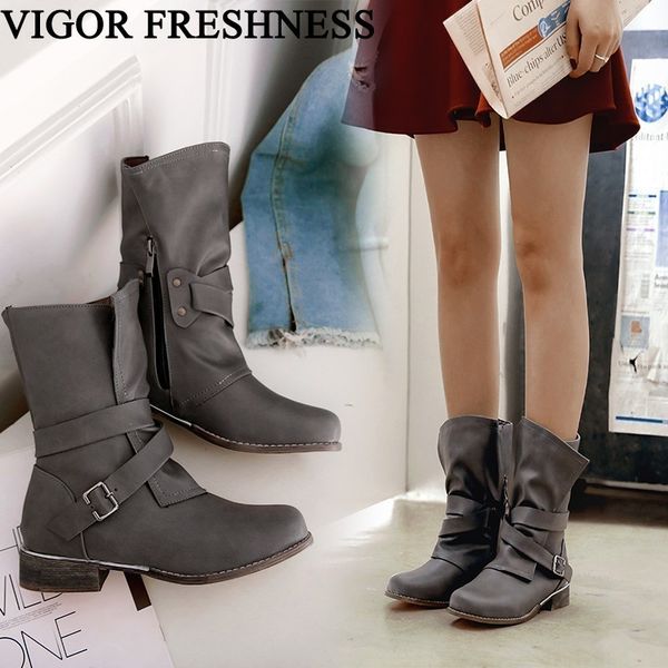 

vigor freshness shoes women mid calf boots winter woman shoes autumn boots dress middle heels 34-48 slip on my72, Black