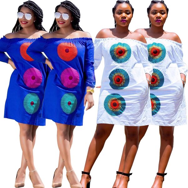 

Women Slash Neck Dress Blue White Flower Printed Casual Loose Plus Size Dresses