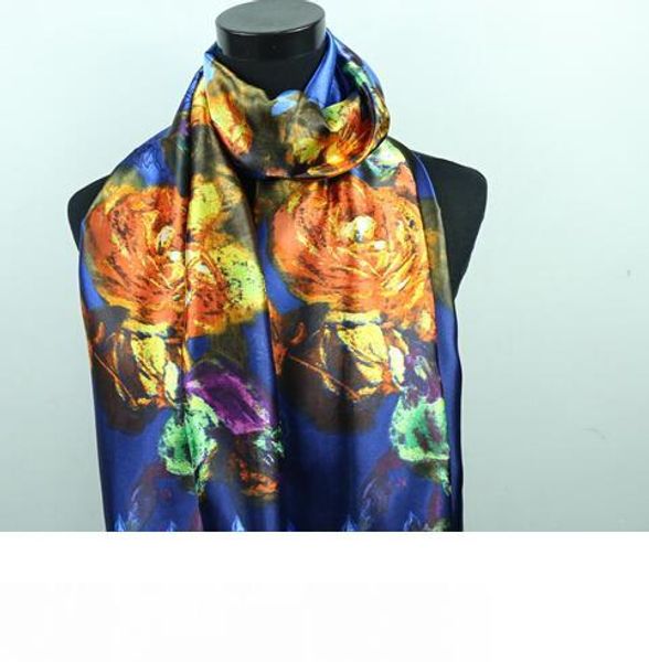 

1pcs gold flower royal blue purple women's fashion satin oil painting long wrap shawl beach silk scarf 160x50cm, Blue;gray
