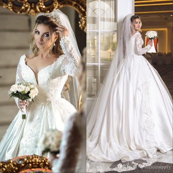 

luxury arabic ball gown wedding dresses v neck long sleeves sweep train appliques beads crystal chapel garden country bridal gowns, White