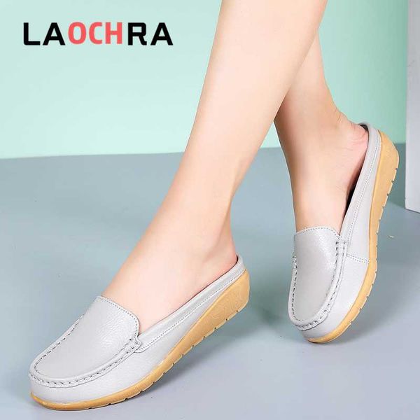 

laochra summer women half slippers shoes slip on breathable leather flats shoes woman slides outside flats slippers, Black