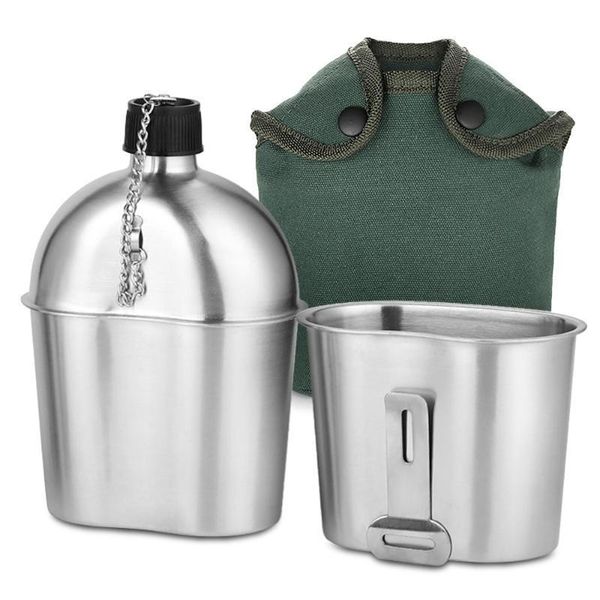 

outdoor camping tableware 2pcs 1000ml 600ml stainless steel canteen cup set with cover bag for hiking backpacking