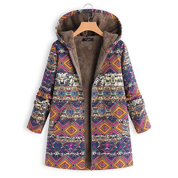 

women ethnic printed faux fur fleece coats winter warm hooded outwear female casual boho plush fluffy jackets overcoat plus size, Black;brown
