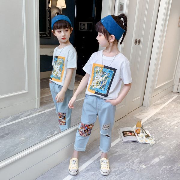 

children summer clothes abstract printed costume for girls t shirt + pants kids girls clothes fashion tracksuit kids 6 8 10 12y, White