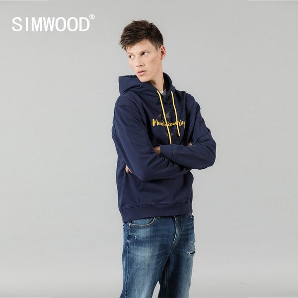 

simwood 2019 autumn winter new hooded hoodies 100% cotton letter mountain print contrast color sweatshirts plus size si980565, Black