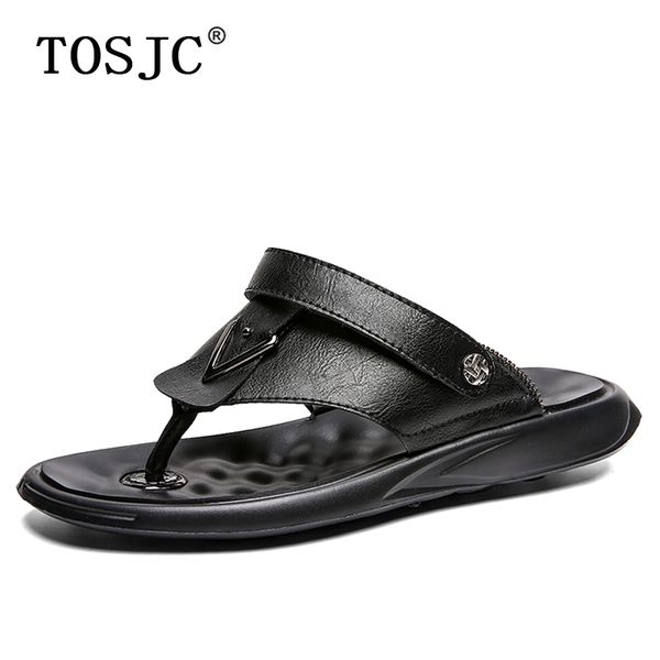 

tosjc new men genuine leather slippers summer flip flops for male lightweight breathable beach shoes luxury sandals, Black