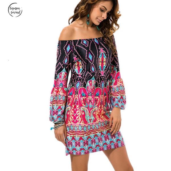 

party dresses robe slash neck bohemian summer dress print beach vintage female vestidos casual ladies designer clothes women fashion, Black;gray