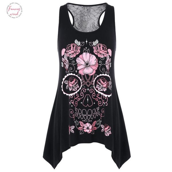 

womens fashion flowered skull printed crop women lace tank back tank o neck blouse vest halter ropa verano mujer, White