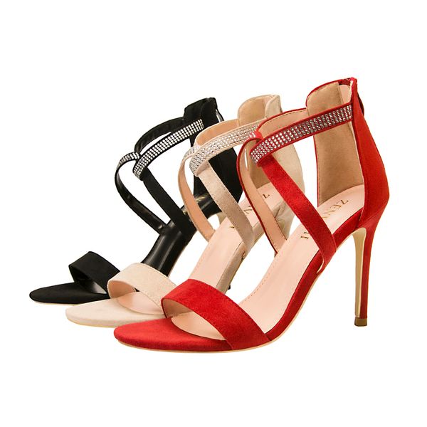 

european and american fashion women's sandals thin heel super high heel suede open toe high heel shoes with rhinestone