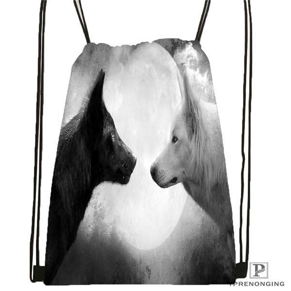 

custom black white wolf drawstring backpack bag for man woman cute daypack kids satchel (black back) 31x40cm#20180611-03-145