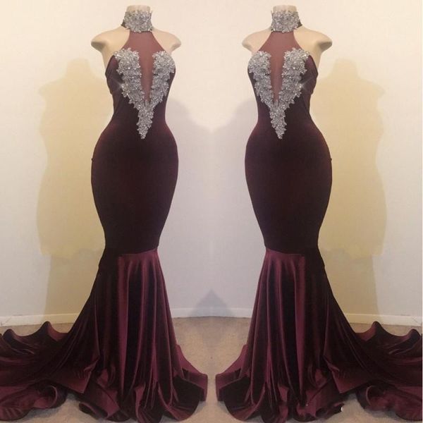 

high neck velvet mermaid long prom dresses illusion lace applique beaded sweep train evening gowns vestidos de festa, Red