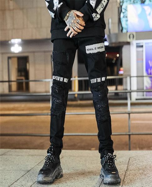 

tkpa mens ripped jeans fashion black print patchwork jeans pencil pants zipper skinny street casual mens trousers, Blue