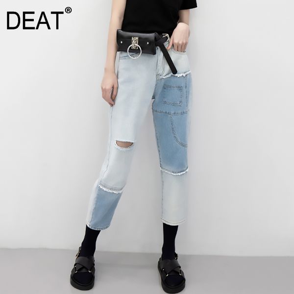 

deat] denim split joint hollow out wide leg jeans new high waist loose women trousers fashion tide spring summer 2020 jt688, Blue