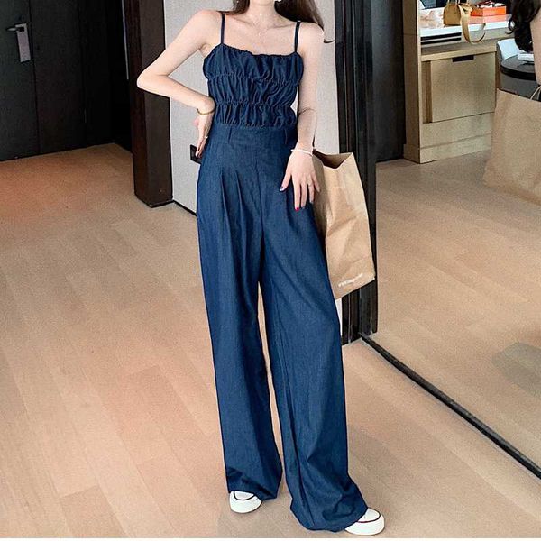 

2020 elegant spaghetti strap camis rompers women sets sleeveless backless casual wide legs denim jumpsuits leotard overal, Black;white