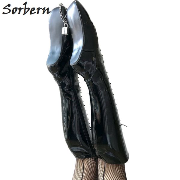 

fetish boots heelless ballet shoe with chain lockable boots ladies crossdressing booties custom shoes big, Black