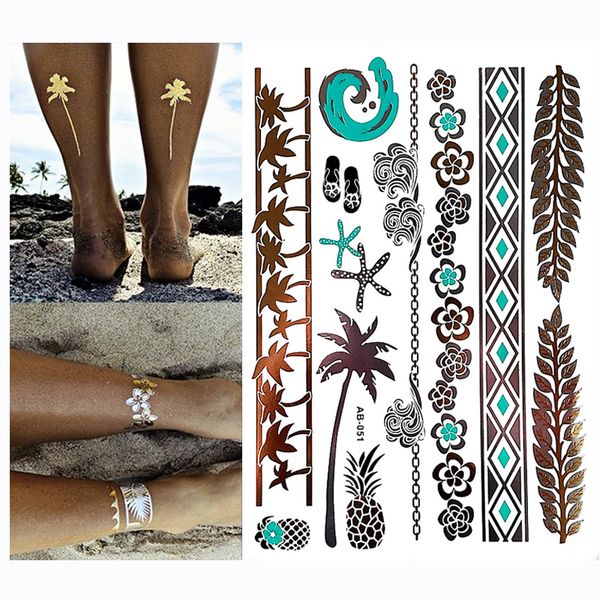 

flash metallic waterproof temporary tattoo gold silver men women henna pineapple mermaid starfish sea tattoo sticker paster