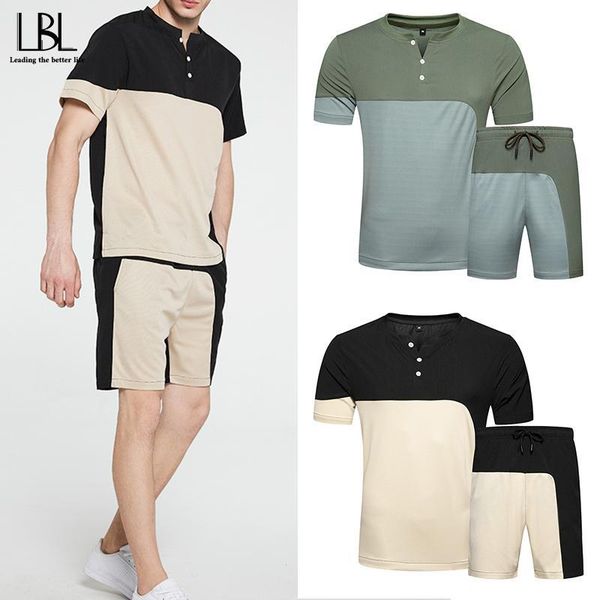 

casual tracksuit men summer new sportswear men's short sets patchwork t shirts + shorts 2 pieces set male suit fitness clothing, Gray