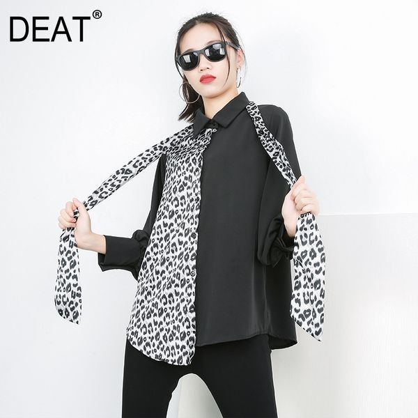 

deat] 2019 new spring summer lapel long sleeve half side leopard printed belt loose shirt women blouse fashion tide 1c02, White