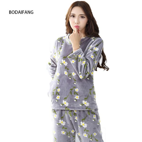 

new 2018 autumn winter women pajamas set sleep jacket round neck flannel thicken keep warm printing pants sleepwear nightgown, Blue;gray