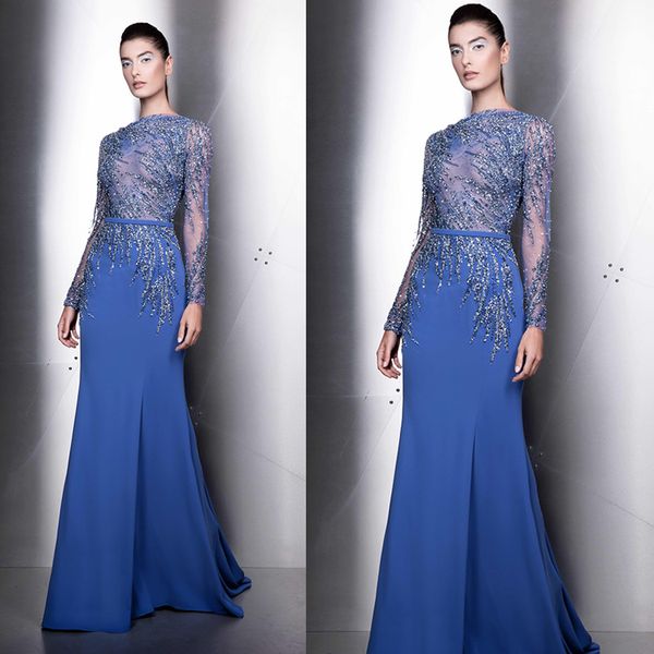 Ziad Nakad lantejoulas Prom Dresses Azul Jewel Neck manga comprida Mermaid Evening Vestidos Trem da varredura vestido de festa